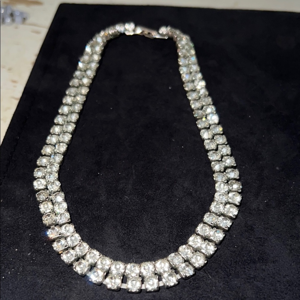 50s signed Garne rhinestone choker Elegant Silver Necklace 14”